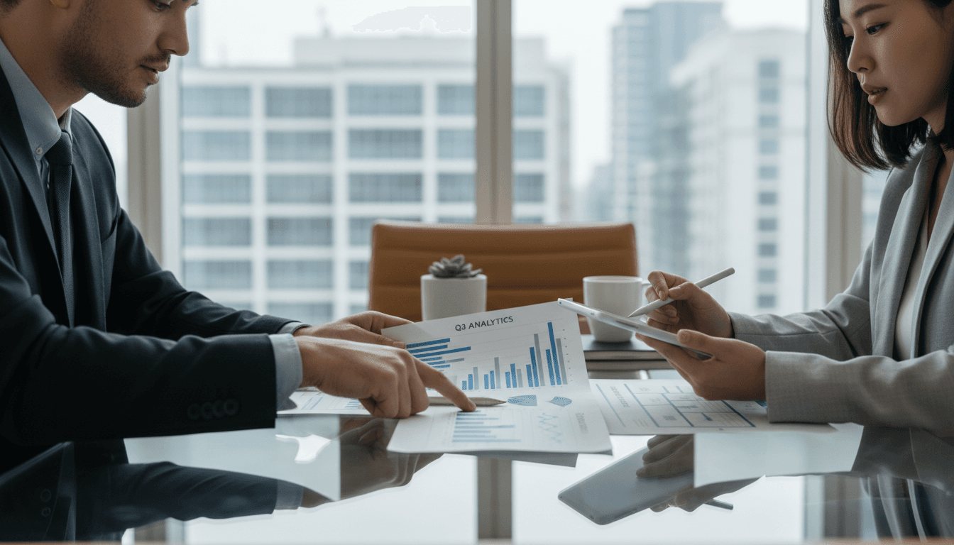 Two professionals having a strategic business discussion in a modern office setting